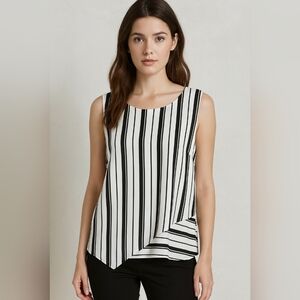 WHBM Black White Stripe Sleeveless Asymmetric Dressy Career Tank Top Womens 10